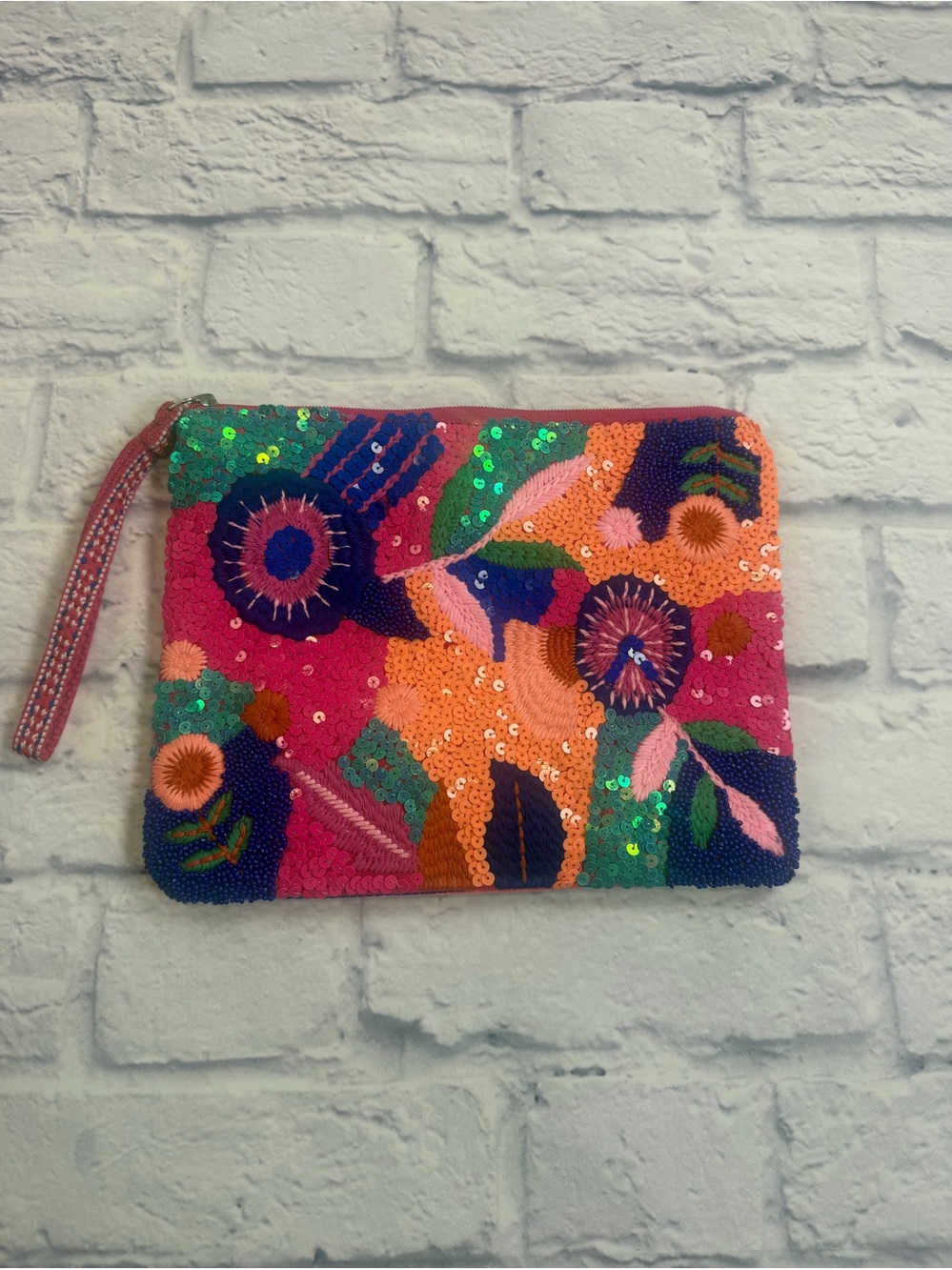 NWOT American & Beyond Sequin Floral Zip Wristlet Clutch in Bright Multi-Color